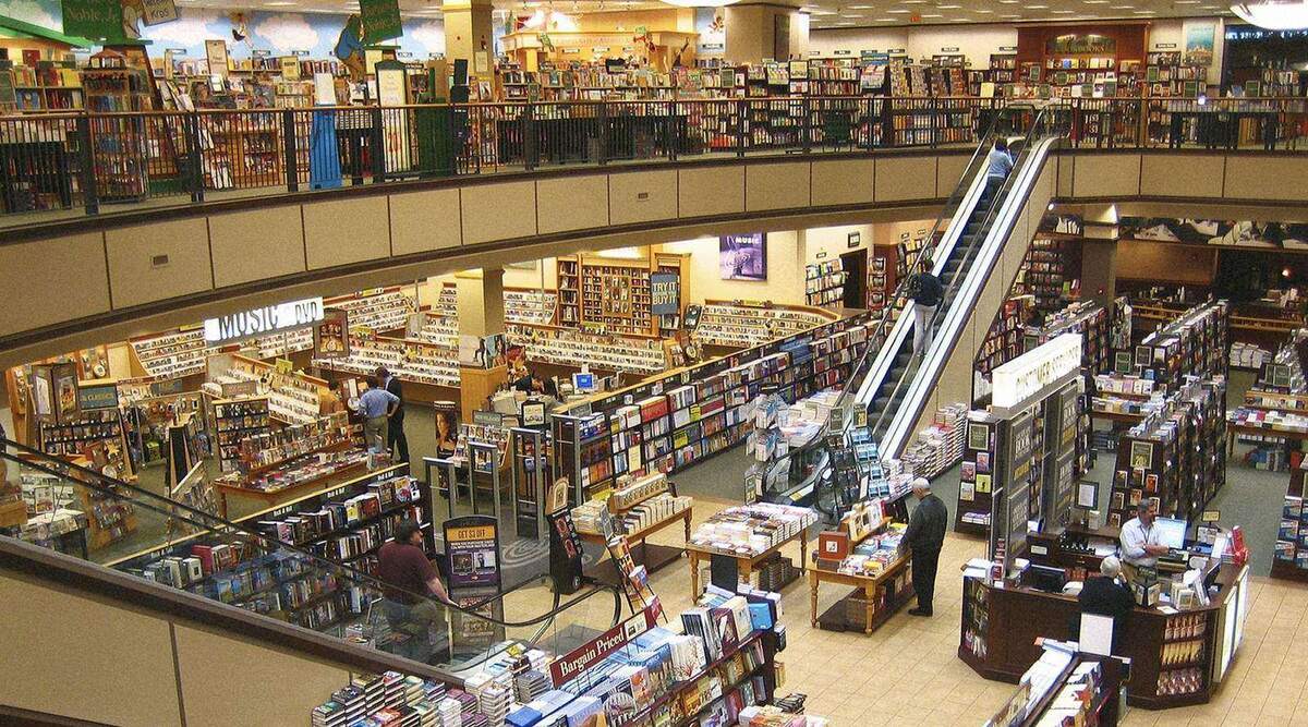 Bookshelves and browsing areas inside a Barnes & Noble store