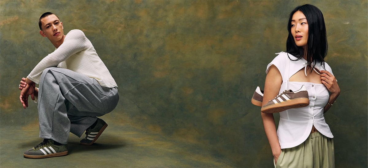 Browns Shoes sneaker campaign with two models against an olive-green backdrop