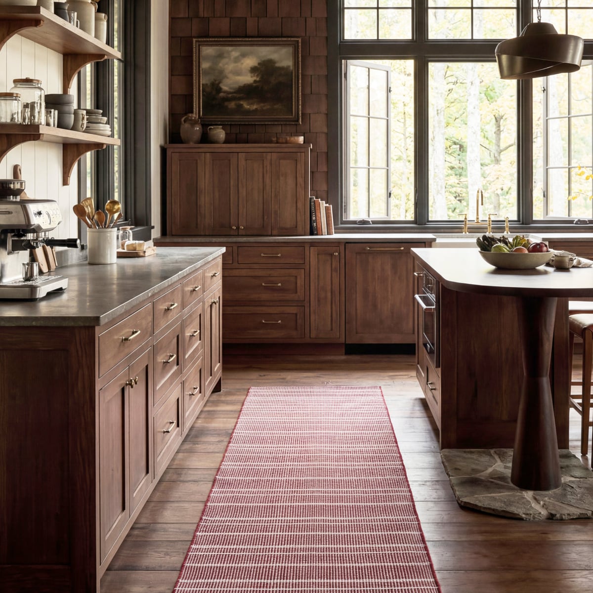 A pink striped runner beside wood cabinetry in a sunlit kitchen