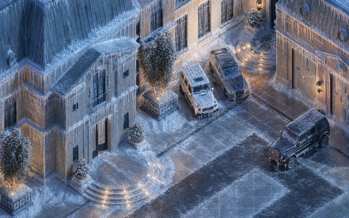 The illustrated entrance and driveway of Drake Related's frozen virtual estate