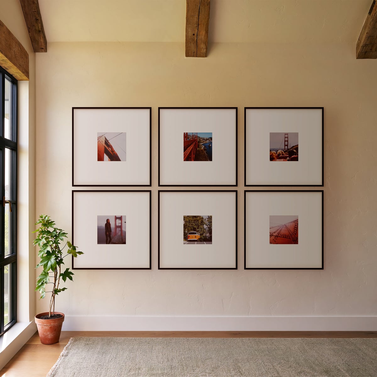 Six custom-framed photographs arranged in a gallery wall beside a tall window