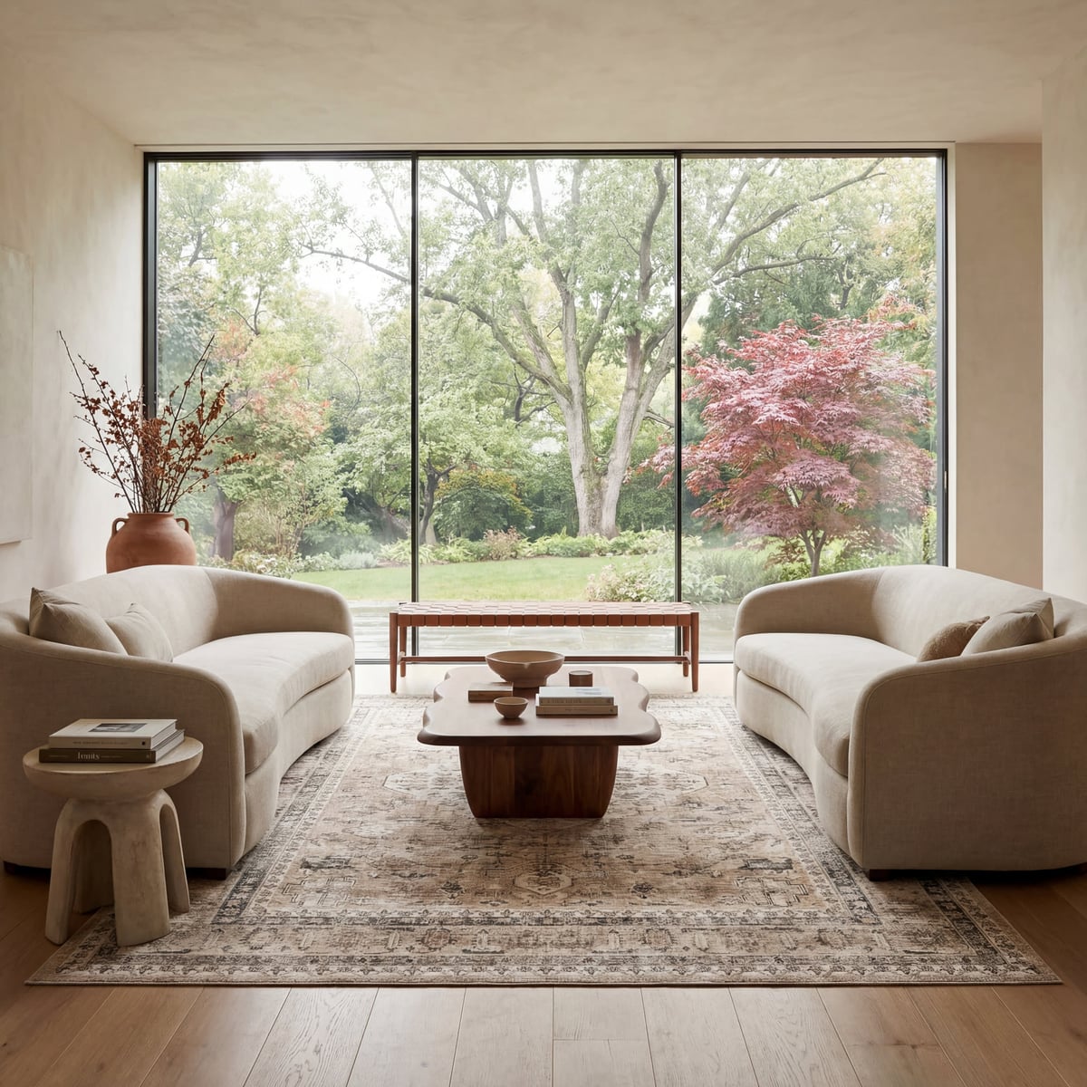 A patterned neutral rug between two curved sofas in a living room overlooking a garden