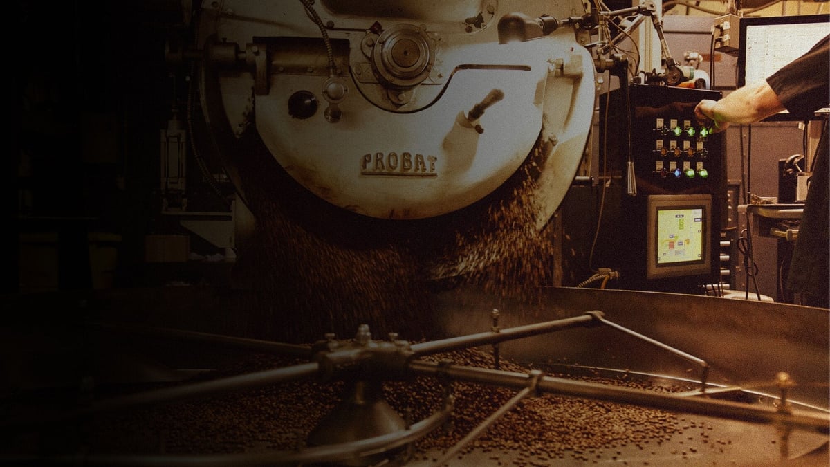 A Probat coffee roaster and cooling tray at a Stumptown roastery